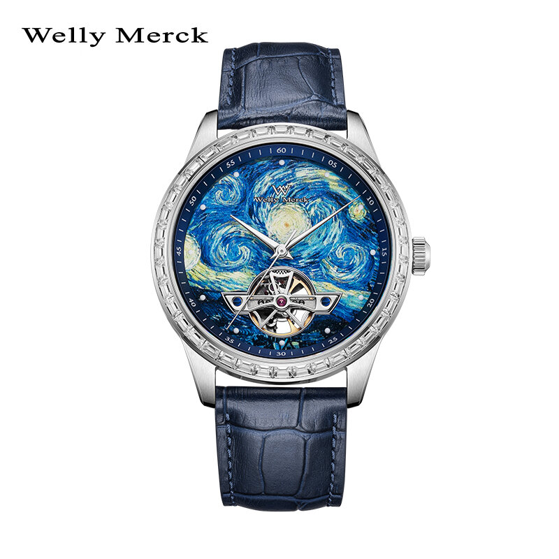 Механические автоматические часы Welly Merck для мужчин из нержавеющей стали с сапфиром, водонепроницаемые, серия картины маслом "Звездная ночь"