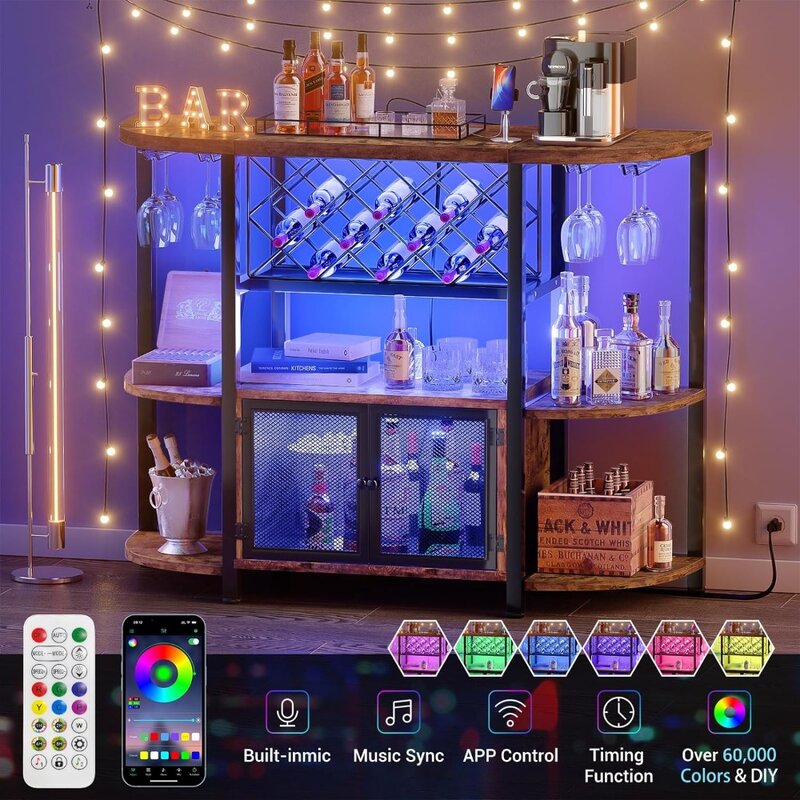 Armoire de bar à vin autoportante avec lumières LED et prises de courant, café industriel pour français ou verres, porte en maille, table T1