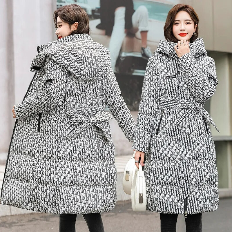 Puchowa kurtka bawełniana dla kobiet w 2023 nowej zimowej bawełnianej kurtce damskiej do kolan
