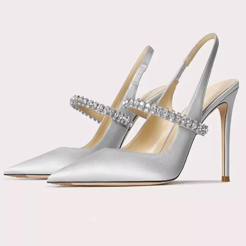 Zapatos de tacón alto con punta puntiaguda para mujer, sandalias de satén de lujo con diseño de diamantes de imitación, zapatos de vestir de fiesta, Sexy y elegante