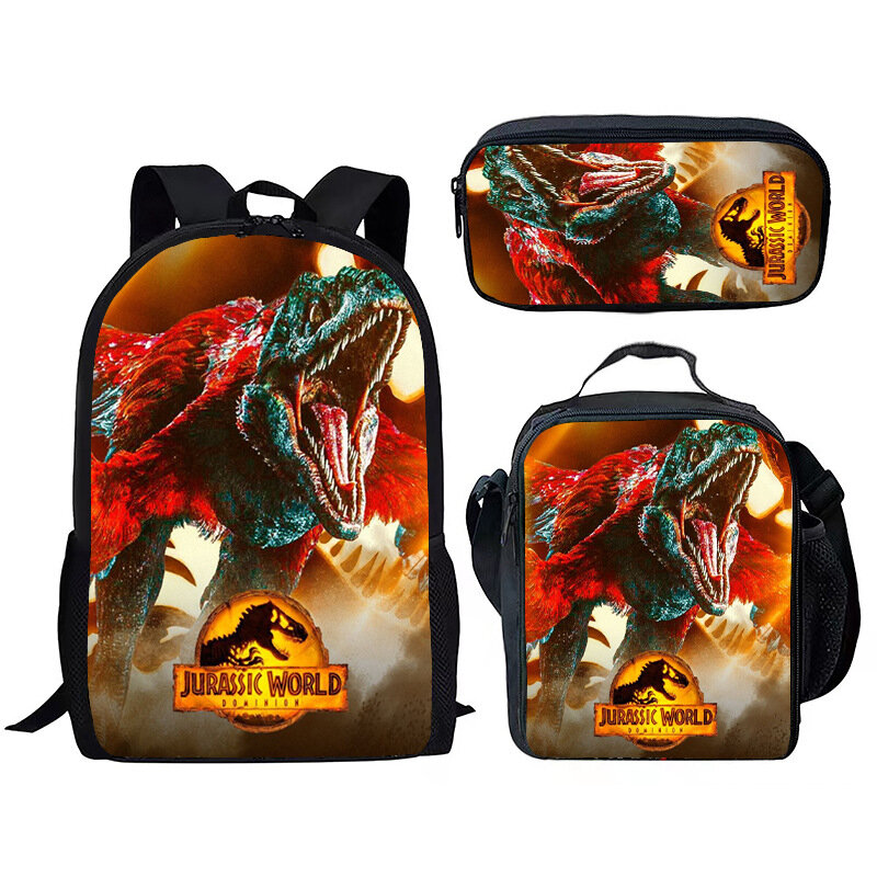 Jurassic World Dinosaur mochila con estampado 3D para adolescentes y hombres, bolsa de almuerzo para portátil, estuche para lápices, Juego de 3 unidades