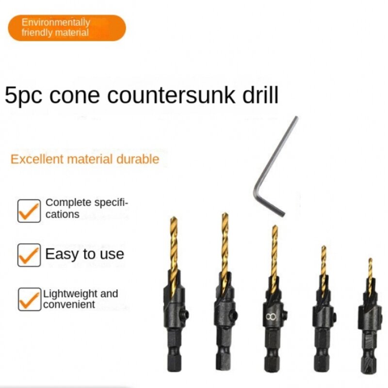 Hex Shank Hole Opener Set para Carpintaria, Cone de chapeamento de titânio, Countersink Drill Tool, 5-12mm, 5Pcs