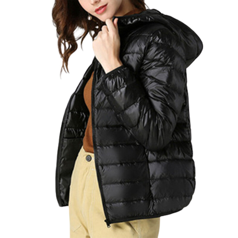 Casaco de pelúcia feminino com capuz puffer com bolsos, jaqueta com zíper, gola de gola, roupa exterior, inverno