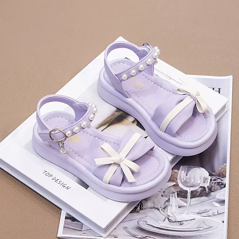 Kids Summer Sandals Bow-knot with Pearls Beading Princess Sweet 2024 Brand New Soft Girls Beach Shoes Open Toes Children Sandals