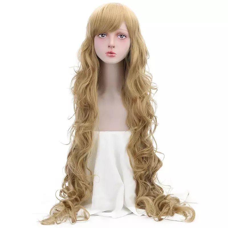 Wig sintetis berombak panjang alami 42 inci untuk wanita, wig Cosplay serat suhu tinggi cokelat pirang merah muda dengan poni