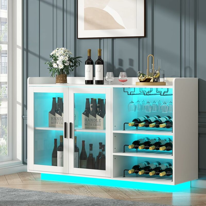 Armário de Vinho com Luzes LED, Café Flutuante, Estante de Vidro, Aparador Buffet Moderno, Portas e Prateleiras de Armazenamento, Branco