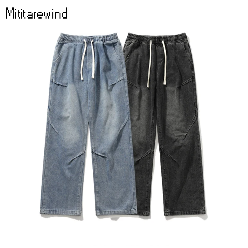 Celana Jeans kaki lebar pria, celana Denim lurus tali serut pinggang elastis, Jeans longgar musim semi dan panas 2024
