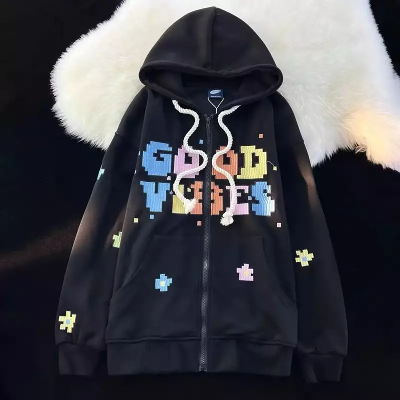 อเมริกัน Vintage สีตัวอักษร Hoodies ผู้หญิงใหม่สไตล์เกาหลี Slouchy หลวมเสื้อกันหนาว Harajuku Goth Tops Grunge Y2k เสื้อผ้า