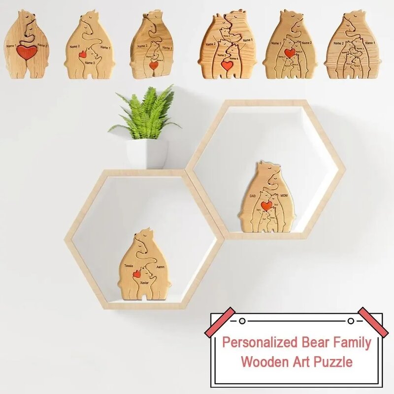 Rompecabezas de madera personalizado con grabado gratis, figuritas de decoración del hogar, regalo de cumpleaños y Navidad, familia de osos