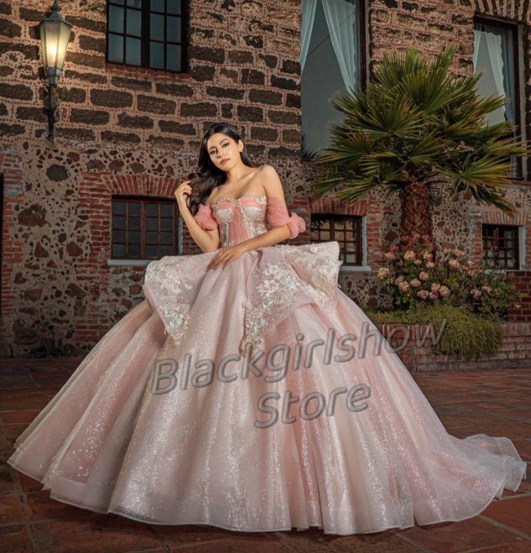 Różowe sukienki dla Quinceanera luksusowa elegancka sukienka księżniczki haftowana błyszcząca kryształowa aplikacja na przyjęcie urodzinowe 15 sukienka