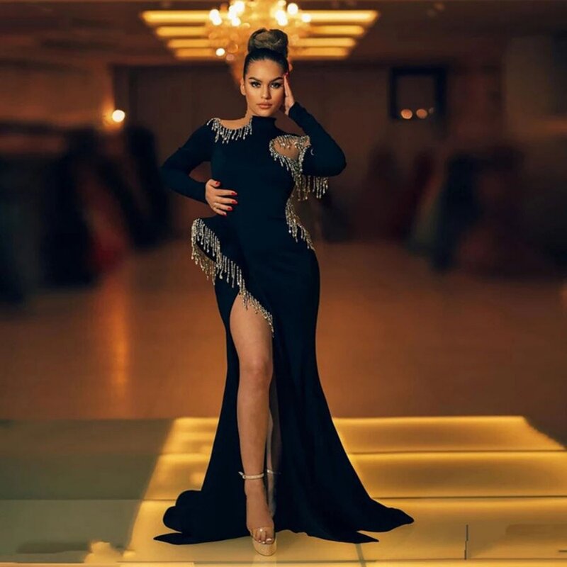 Luxus Perlen Quaste Meerjungfrau Abendkleider Langarm High Neck Seite Split Ballkleid Dubai Promi Kleid Frauen Party kleider