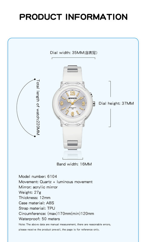Relógio de quartzo exterior com luz LED, temperamento de lazer, versátil para meninas, Sanda 6104, tendência fashion, novo, 2024