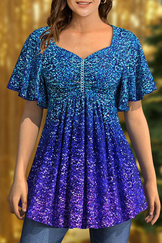 Flycurvy Plus Size Christmas Blue Ombre Sparkly Sequin Print Tunic Blouse