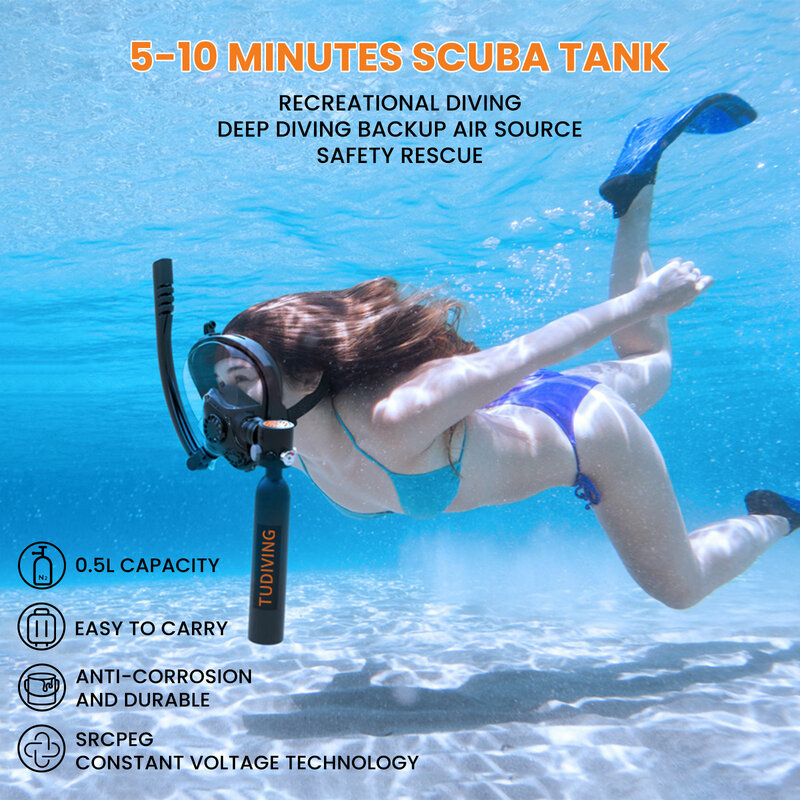 TUDIVING-0.5L Set di serbatoi per immersioni subacquee, Mini bombola di ossigeno con maschera per snorkeling a pieno facciale, Kit portatile per immersioni subacquee