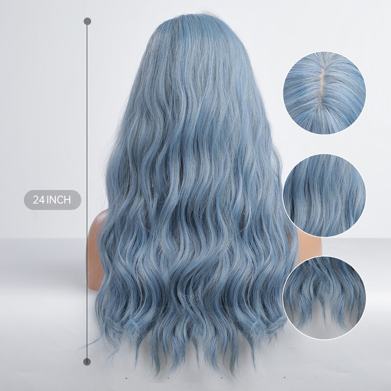 GEMMA Long Water Wave Blue High Temperature Wigs for Black White Women Afro Cosplay Party Daily Synthetic Hair Wigs with Bangs