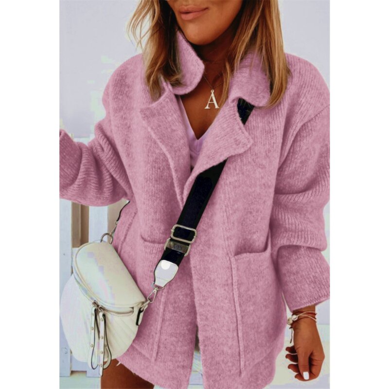 SUSOLA-Cardigã feminino com gola lapela, suéter solto, manga comprida, cor pura, casacos Lady Trend, novo, outono e inverno