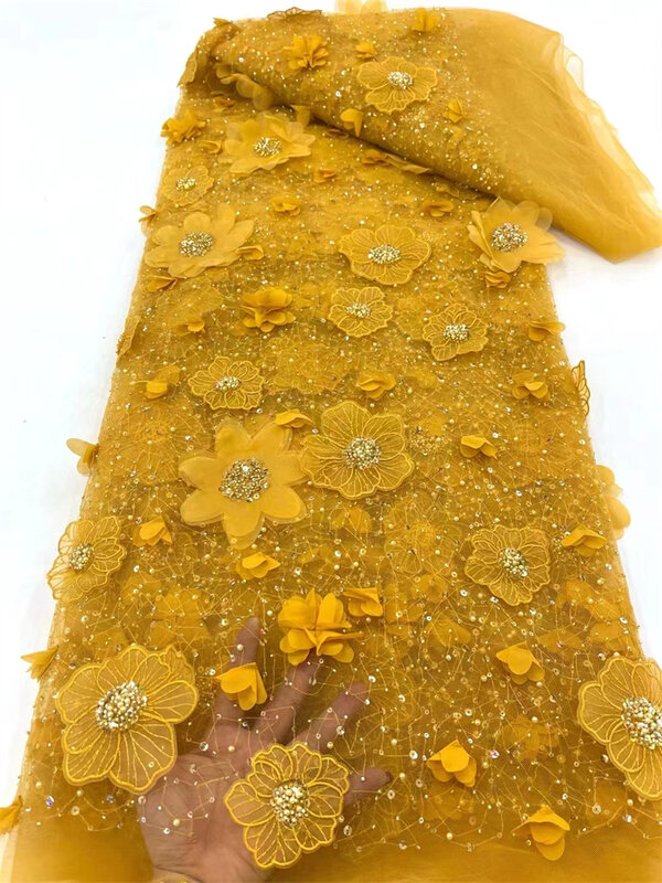 ผ้าลูกไม้3D แอฟริกันสีเหลืองลูกปัดเพชรสุดหรูฝรั่งเศสปักเลื่อมไนจีเรียดอกไม้3D ลูกไม้ Tulle สำหรับงานแต่งงาน