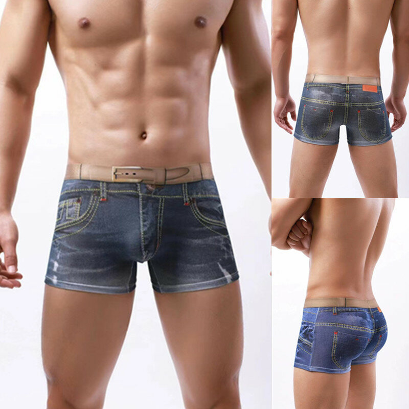 Mode Mannen Denim Ondergoed 3D Print Sexy Boxers Jeans Stijl Shorts Boxers Heren Cowboy U Bolle Pouch Katoen Onderbroek Slipje
