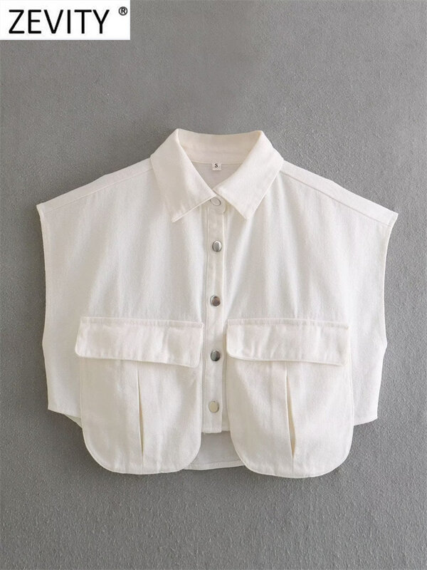 Zevity-Blusa vaquera corta con doble bolsillo para mujer, camisa elegante con botones, Color sólido, LS5015