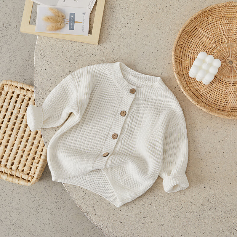 Suefunskry-camisola de malha para o bebê menino e menina, camisola de manga comprida, cor sólida, single-breasted, cardigã, outono inverno