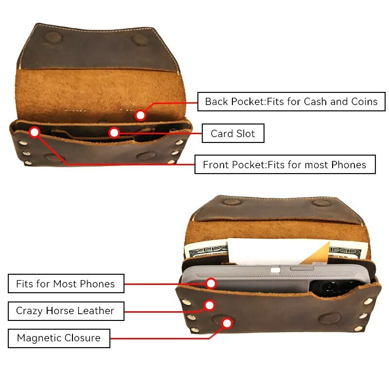 RIYAO-Pacote de cintura de couro genuíno para homens, bolsa para telefone vintage, dupla camada, bolsa, cinto coldre, carteira