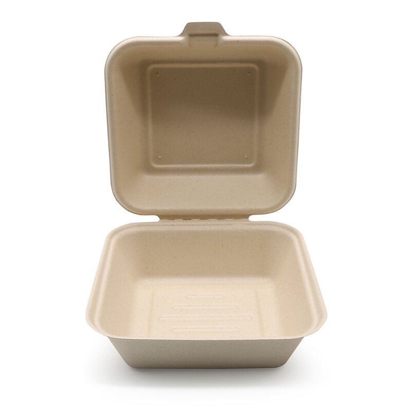 Caja de papel desechable Biodegradable para llevar, Bagasse de caña de azúcar, contenedor de alimentos, caja de hamburguesas, producto personalizado, 6x6, 8x8 pulgadas