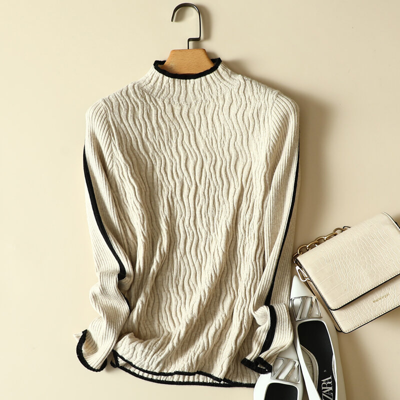 Mock Neck Side Striped Knitted Women Sweater Pullovers Autumn Winter Solid Casual All Match Elegant Office Lady Pulls Tops