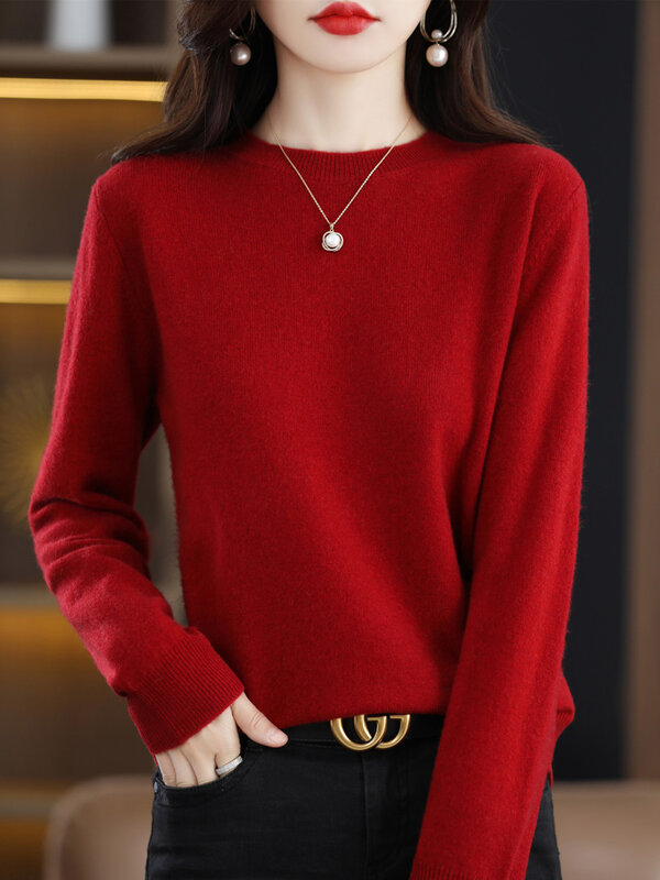 100% Merino Sweater wol kasmir Pullover wanita lengan panjang leher-o pakaian rajut wanita musim gugur musim dingin atasan Muslim