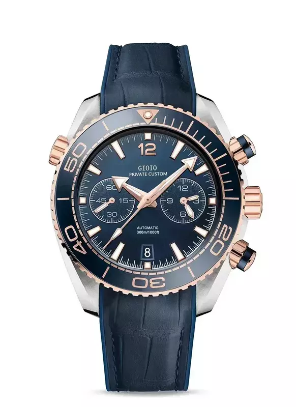 Luxus neue Herren Quarz Chronograph Uhr Edelstahl schwarz Keramik Leinwand Gummi Roségold blau