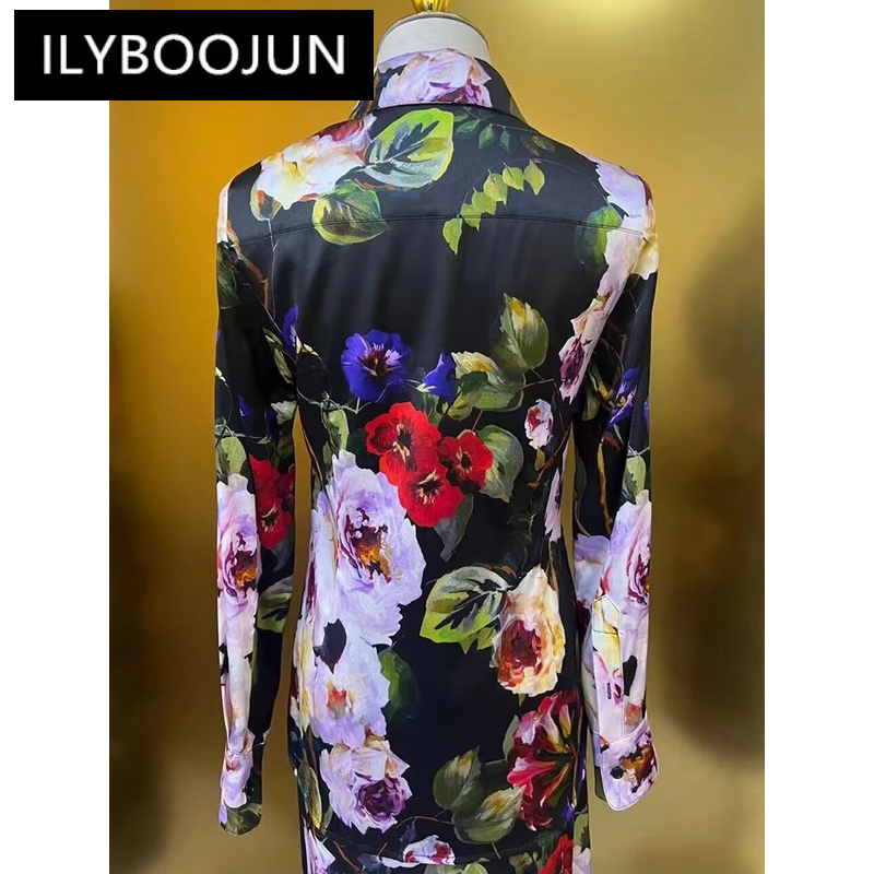 Ilyboojun-女性用ヴィンテージフローラルプリントTシャツ,春のシルクトップス,折り返し襟,長袖,シングルブレスト,ファッションデザイナー