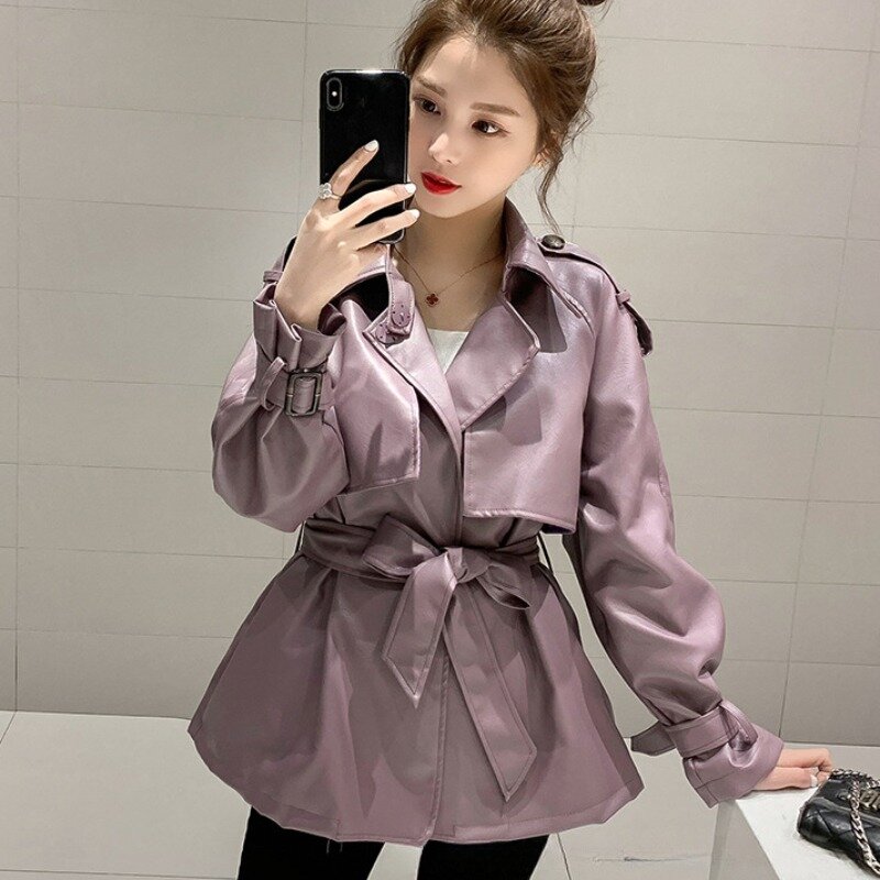 PU Leather Mid-Length Lace-up Trench Coat for Women, Motorcycle Clothing, Korean Style, Tight Waist, Casual Outwear, Autumn, New