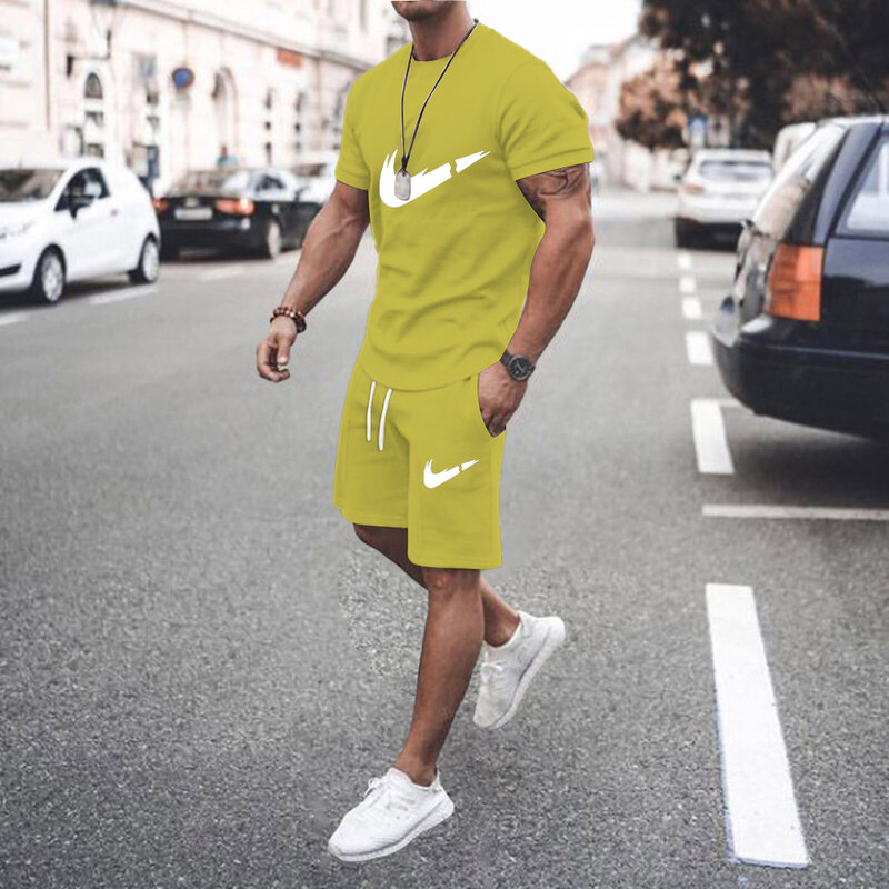 2024 Summer Men Quick-Drying T-shirt+Sports Shorts 2 Piece Set Hot sales Casual Mesh Tees Jogging Breathable Fitness Shorts Suit
