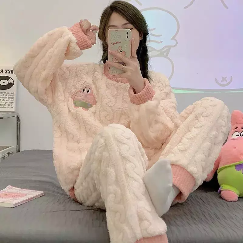 Pijama grueso de manga larga para mujer, conjunto de dos piezas de lana cálida, ropa de dormir para invierno, novedad