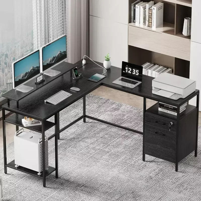 Escritorio en forma de L con soporte para Monitor y estantes de almacenamiento, escritorio de esquina, mesa de oficina en casa, Pliante, negro, escritorio de habitación, muebles de lectura