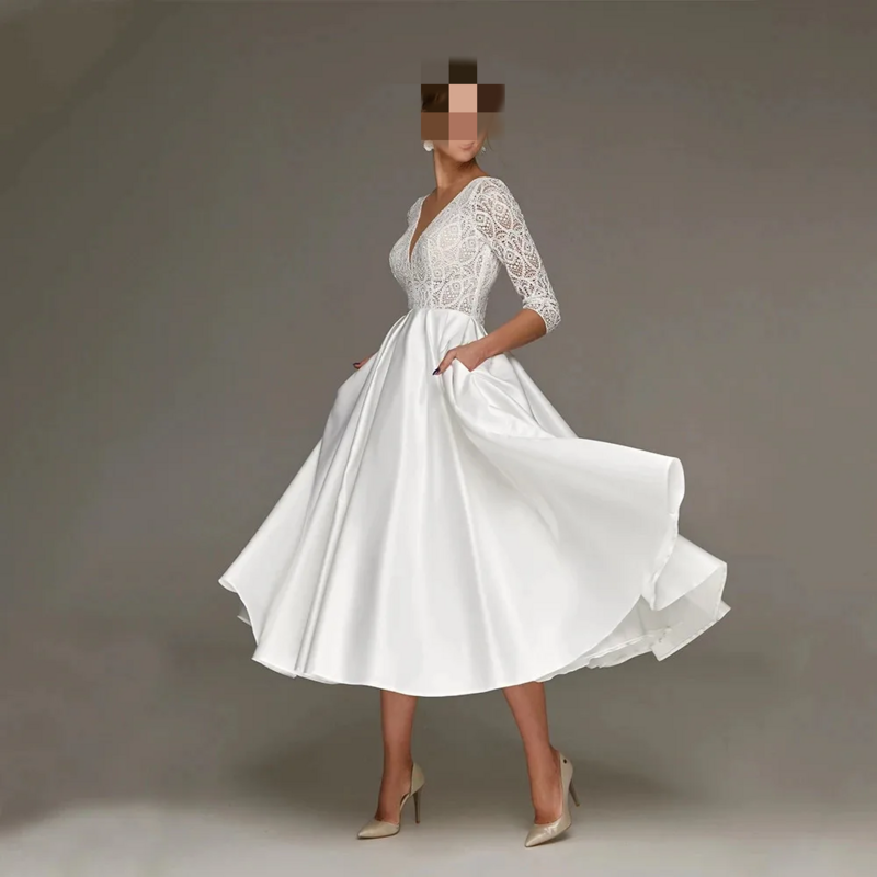 Moderne Kurze Hochzeit Kleid Spitze und Satin V-ausschnitt Drei Viertel Tee-Länge Braut Kleider mit Tasche Bürger Vestidos De novia