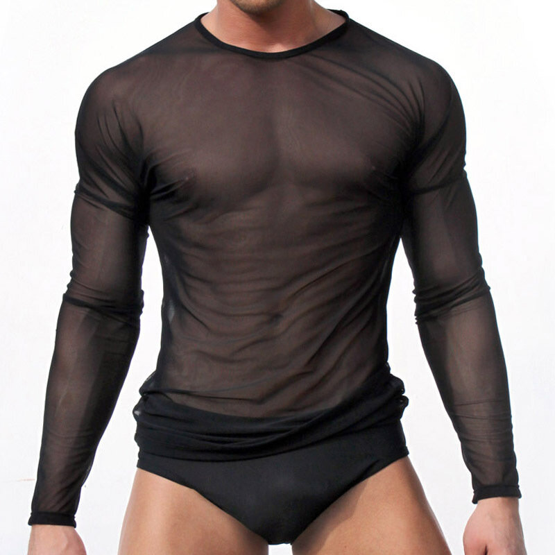 Прозрачный сексуальный топ с длинным рукавом, мужское прозрачное Сетчатое нижнее белье, сексуальная мужская пижама, удобная одежда