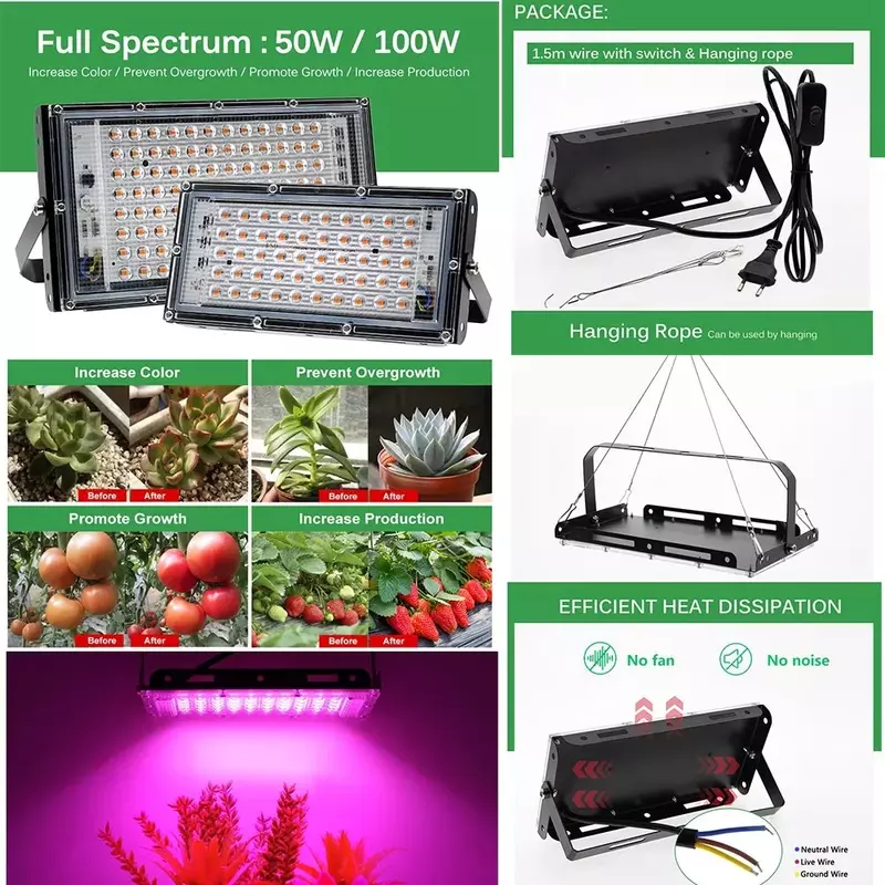 Full Spectrum LED Grow Light, Lâmpada Hidropônica, Estufa, Sementes, Flor, Crescer Iluminação, 220V, 50W, 100W