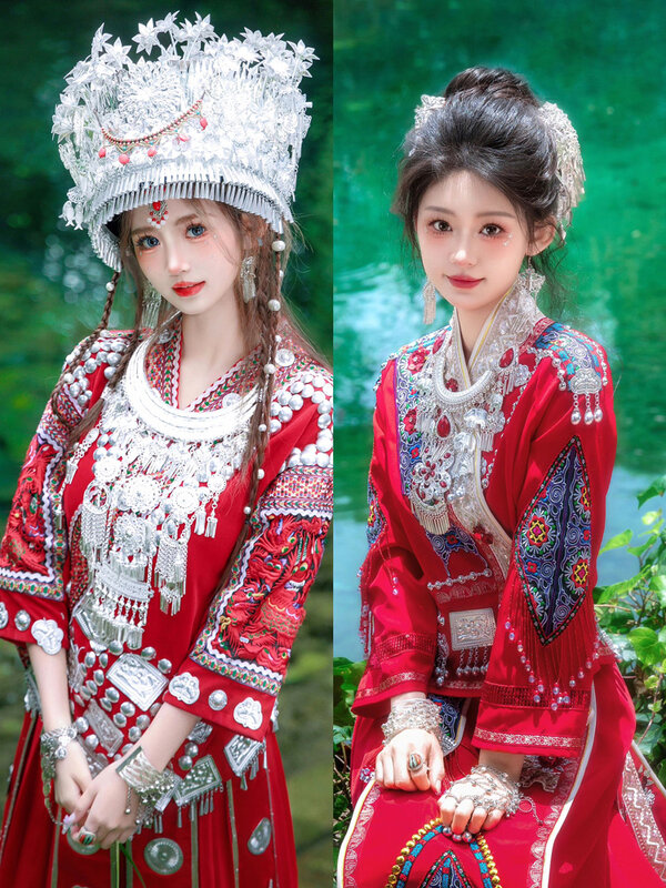 Damskie czerwone ubrania ślubne Miao Tujia odzież mniejszości etnicznej
