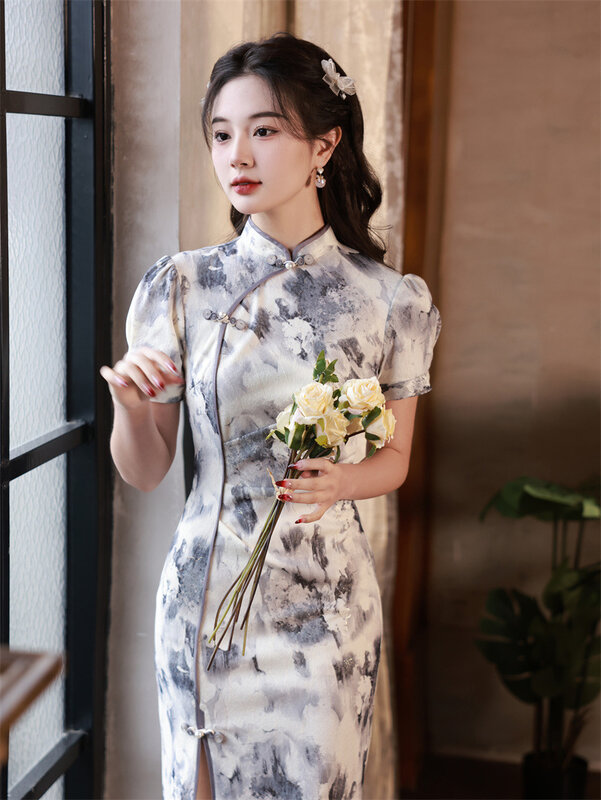 Gaun tradisional Anak perempuan motif tinta, gaun Cheongsam Modern wanita modis gaya etnis China ramping tradisional Vintage elegan musim panas