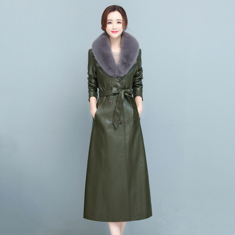 M-7XL New Women Sheepskin Leather Coat Spring Autumn Winter Warm Fur Collar Plus Cotton Liner Slim Long Leather Coat Female