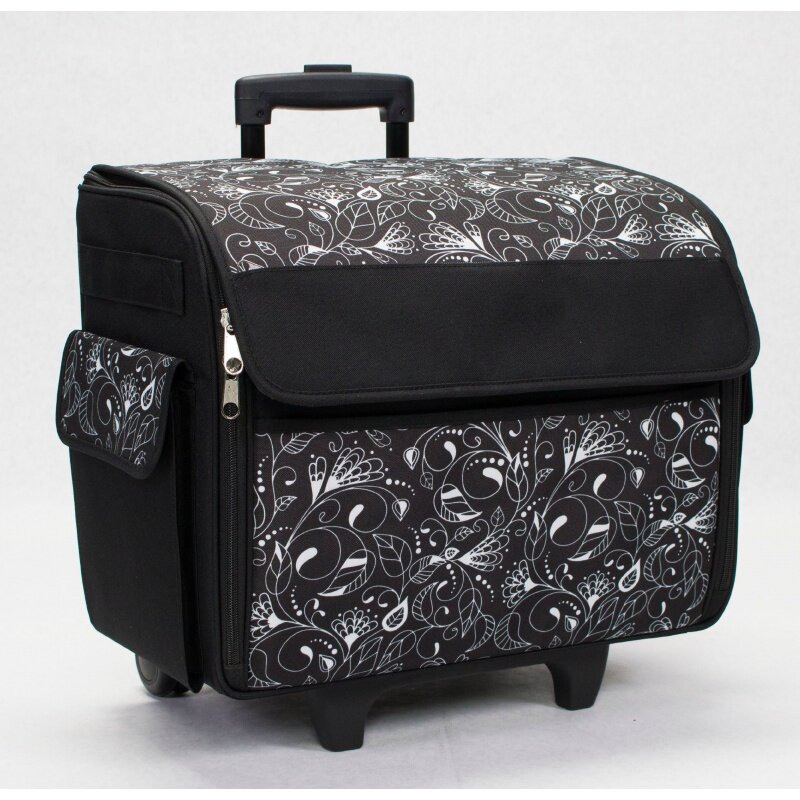 Everything Mary Rolling Sewing Machine Storage and Transport Tote, Black & White with Wheels