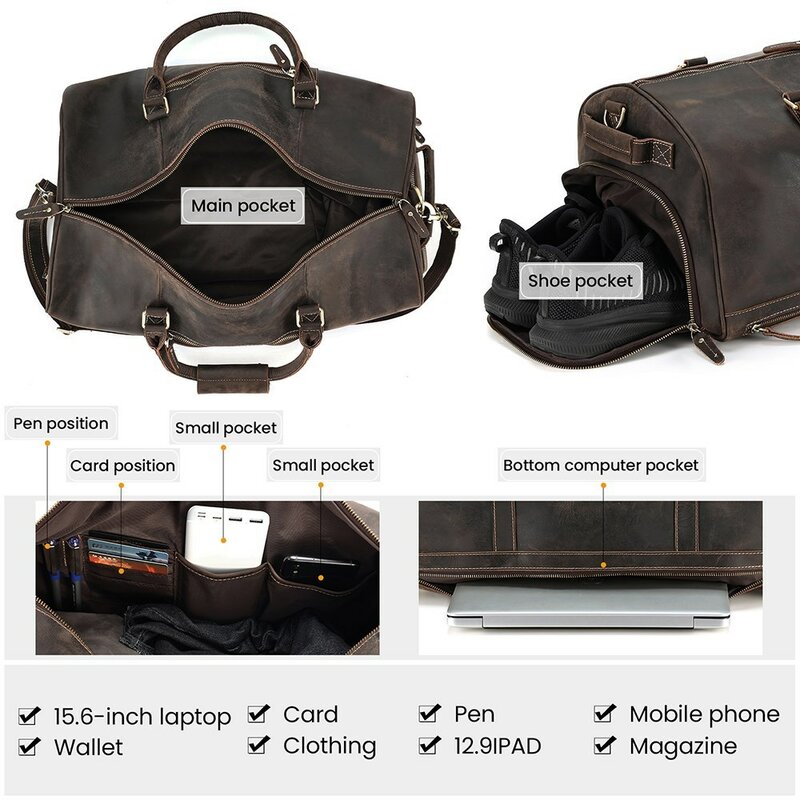 JOYIR Crazy Horse Leather Leather Travel Duffel Bag Overnight Weekend With Shoe Pocket Male Tote Fashion Carry-on Bag Handbag