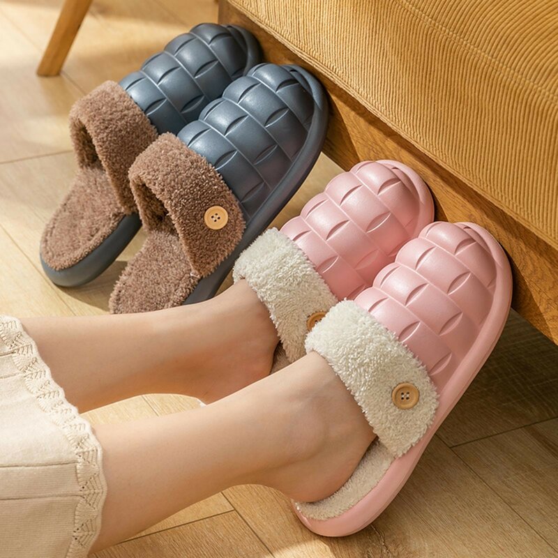 Sandal bulu hangat anti selip untuk wanita, sandal musim dingin bulu hangat, sandal rumah tangga tahan air, dapat dicuci, sandal sol tebal