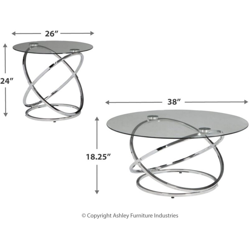 Hollynyx 현대식 라운드 테이블 세트, 커피 테이블 및 엔드 테이블 2 개, 크롬 포함, 3 종