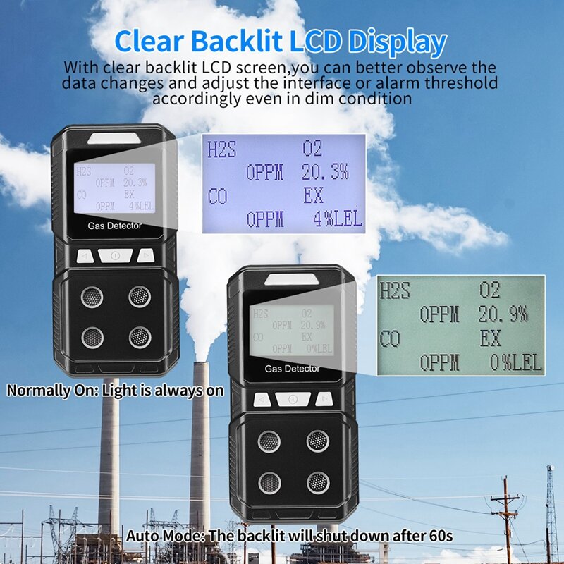 Portátil 4 Detector De Gás, Monitor Multi Gás Recarregável, Qualidade do Ar Tester, Analisador, Alta Precisão, EX, O2, H2S, CO