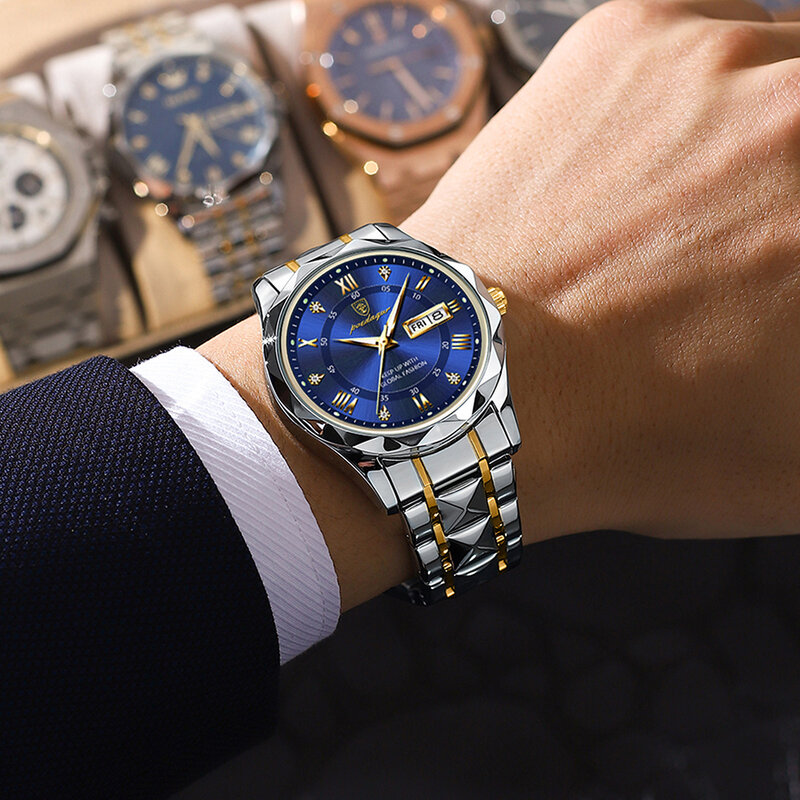 POEDAGAR 남성용 스테인리스 스틸 쿼츠 손목시계, 남성용 자동 날짜 시계, 빛나는 새로운 디자인, 비즈니스 손 + 박스, 럭셔리 시계