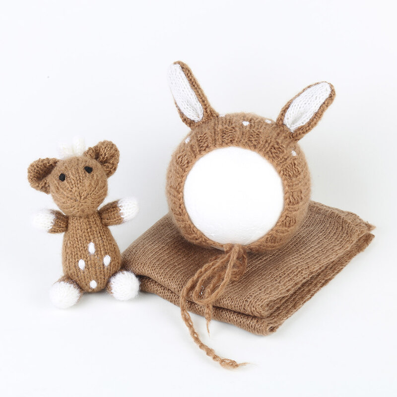 Hand Knitted Mohair Deer Bonnet Wrap Toy Set Crochet Reindeer Hat Knit Plush Doll Newborn Photography Props Girls or Boys Gift