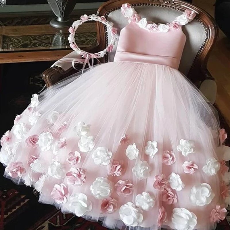 Розовое платье для девочки с цветами, Тюлевое платье длиной ниже колена для девочки с атласным поясом, платье принцессы, платье для первого причастия