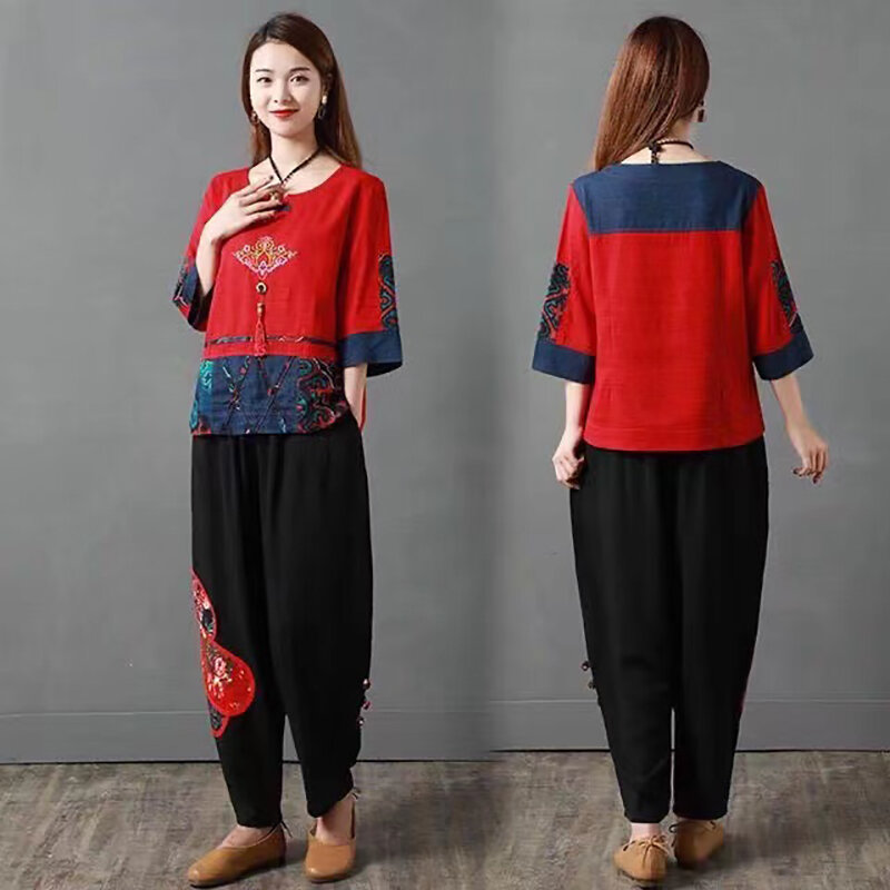 Chiński kostium chiński styl odzież damska odzież lniana dla kobiet wiosna lato nowy Hanfu strój Tang kobiecy Trend Top w stylu Vintage