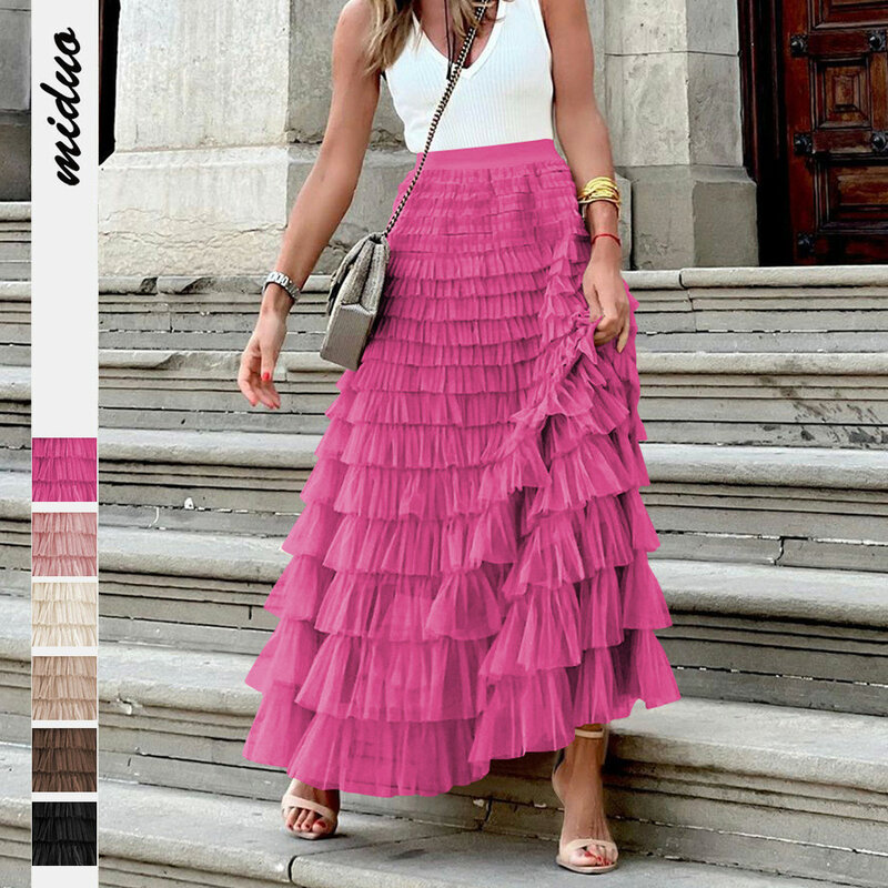 Женская длинная юбка во французском стиле, элегантная однотонная сетчатая юбка с высокой талией, пышная юбка-карандаш для осени